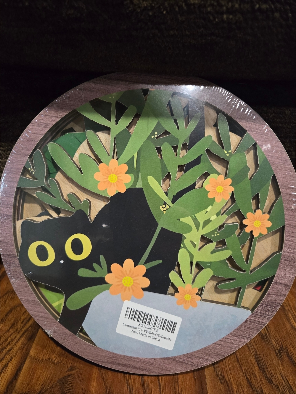 Round Wood Wall Art with Black Cat and Orange Flowers